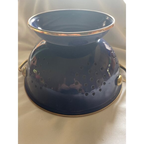 Vintage Blue Metal Colander With Brass Handles & Faux Fruits For Home Decor Or D - Picture 7 of 9